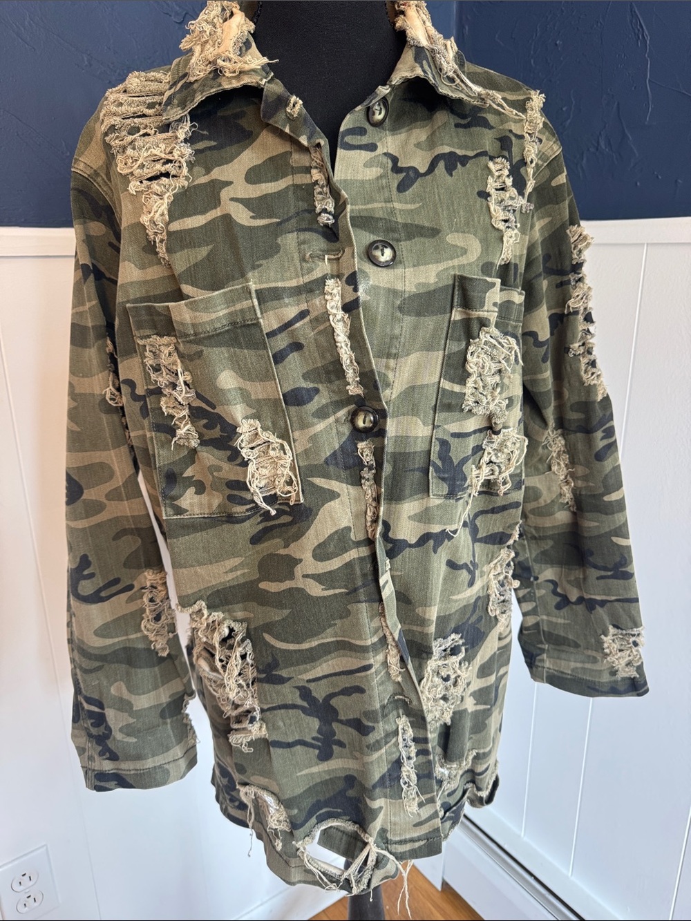 Fashion Nova Distressed Camo Utility Jacket - Green/Brown